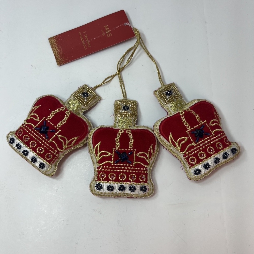 M&S Home Crown Ornaments Set of 3 Red Gold NEW Handcrafted Velvet Beaded Regal